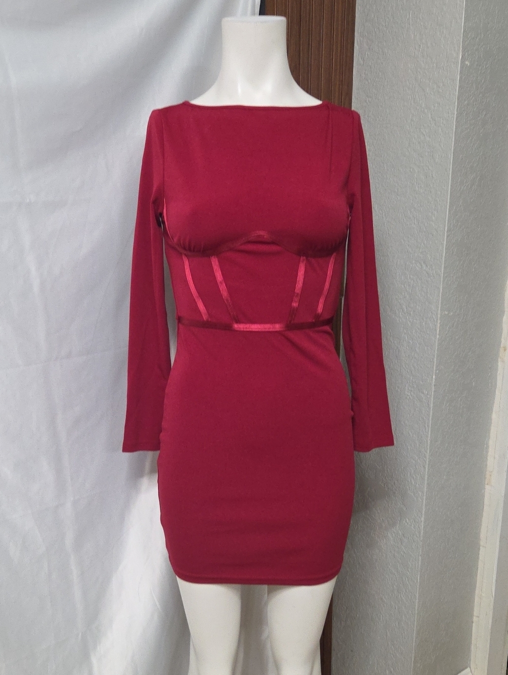 SHEIN Crimson Long-Sleeve Bodycon Dress Size Small [1697].